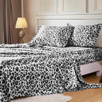MR&HM Satin Sheets with Elastic Corner Straps, Full Size Sheets Set, 4 Pcs Silky Bedding Set with 15 Inches Deep Pocket for Mattress (Full, White Leopard)