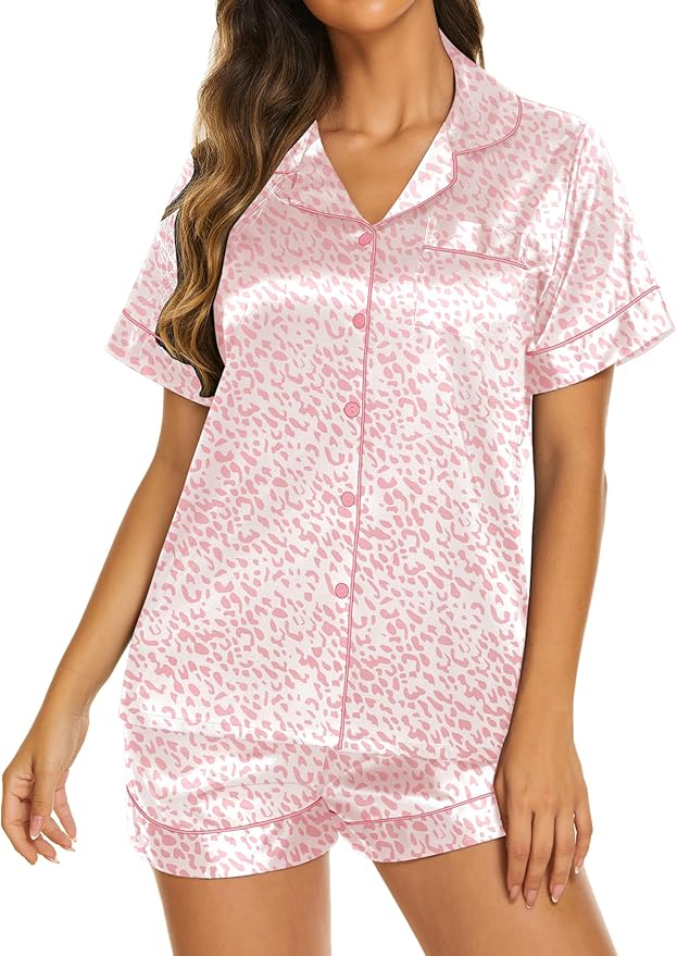 Ekouaer Silk Pajamas for Women Short Sleeve Sleepwear Soft Button Down Loungewear 2 Piece Satin Pjs Shorts Set