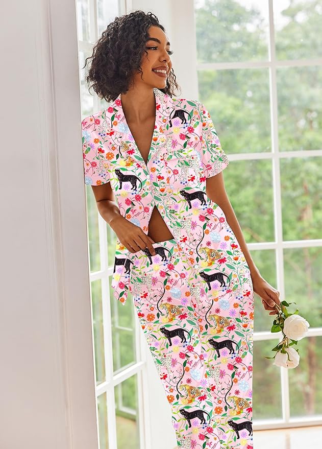 Ekouaer Silk Satin Pajamas Set Women Short Sleeve Sleepwear Soft Button Down Loungewear Pjs Set