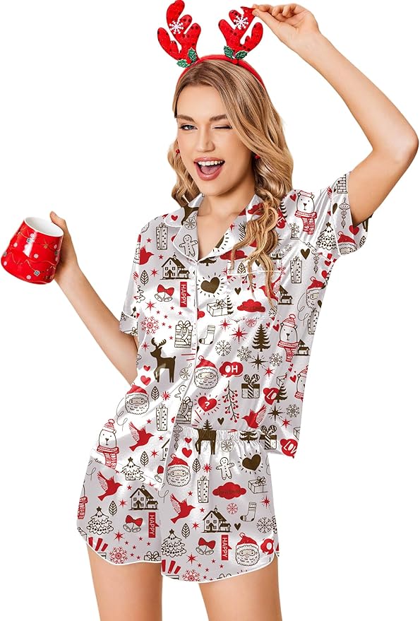 Ekouaer Womens Silk Satin Pajamas Set Short Sleeve Sleepwear Button Down Loungewear 2 Piece Pjs Shorts Set S-5X Plus Size