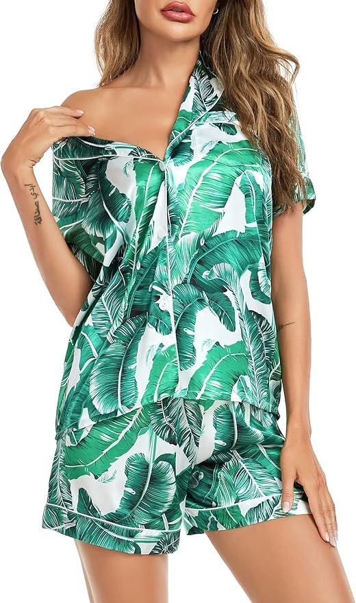 SWOMOG Satin Matching Pajamas Sets Couple Silk Button Down Nightwear Women & Men Short Sleeve Sleepwear 2 Pieces Loungewear