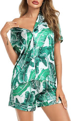 SWOMOG Satin Matching Pajamas Sets Couple Silk Button Down Nightwear Women & Men Short Sleeve Sleepwear 2 Pieces Loungewear