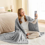 NEWCOSPLAY Super Soft Throw Blanket Grey Premium Silky Flannel Fleece 3D Waffle Checkered Lightweight Bed Blanket All Season Use (Light Grey, Throw(50"x70"))