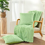 Striped Throw Blanket and Pillow Covers Set (No Inserts) for Couch and Bed, Plush Warm Lightweight Fuzzy Faux Fur Blanket for All Seasons (50" x 60", Light Green)