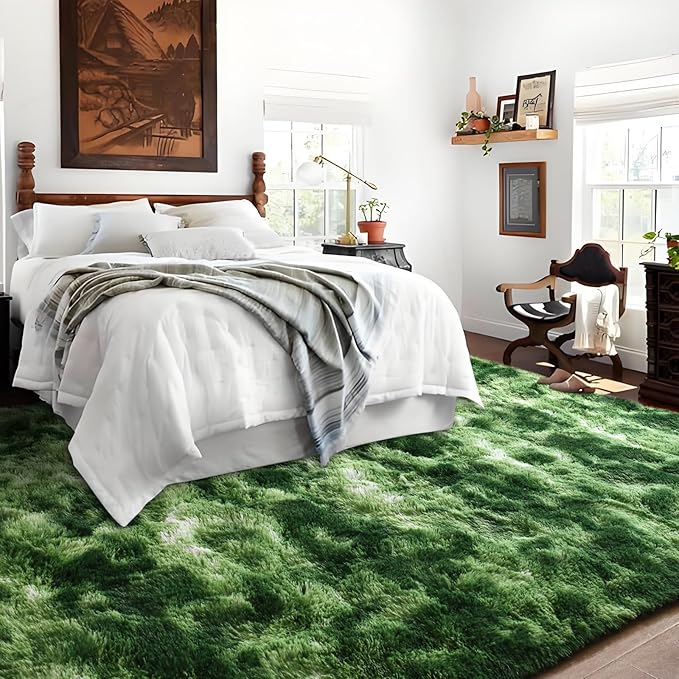 Tie-Dyed Green Area Rug 8x10 Large Rugs for Living Room Bedroom, Fluffy Soft Rug Modern Carpets for Kids Room, Non-Skid Rectangular Indoor Rug for Girls Boys Playroom Nursery Room Home Decor