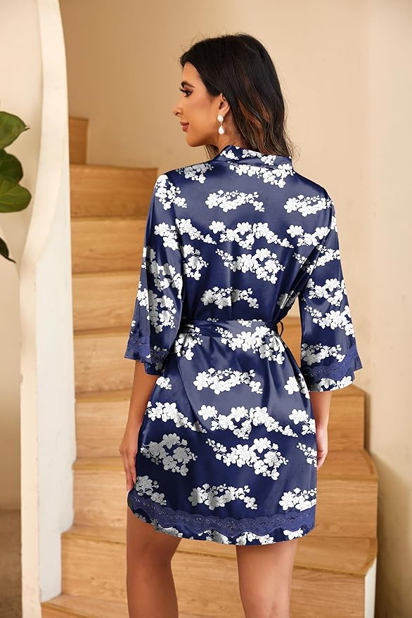 Ekouaer Women's Lace-Trim Silk Robes Bride Bridesmaid Kimono Satin Bathrobe V Neck Sleepwear with 3/4 Sleeve