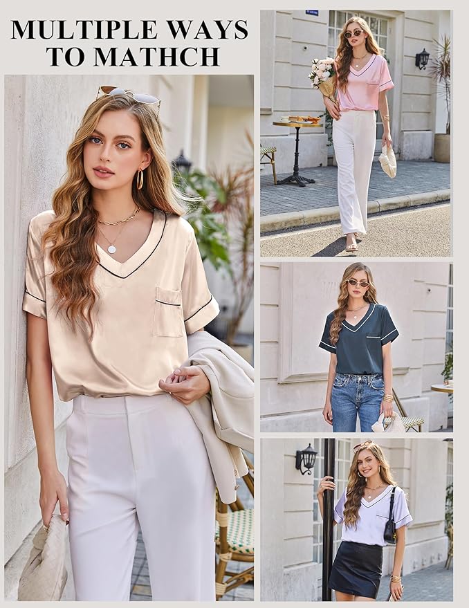 Silk Pajamas for Women Short Sleeve Satin 2 Piece Pj Set Soft V Neck Sleepwear Loungewear, S-XXL