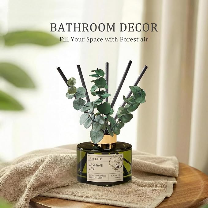 Airkeep Reed Diffuser Set with 6.76 fl oz Jasmine Lily Scent Essential Oils and 3 Leaves & 8 Diffuser Sticks,Bathroom Shelf Decor & Air Freshener, House Bedroom Office Decor & Gifts