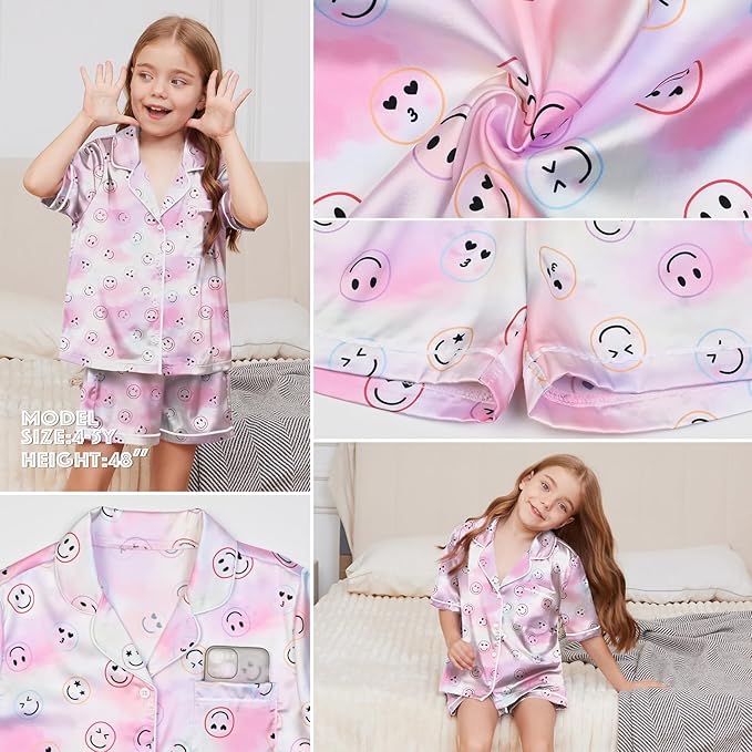 QPANCY Kids Satin Pajamas Sets Baby Boy Girl Button-Down Silk Sleepwear 2 Piece Short Sleeve Loungewear Clothes Set