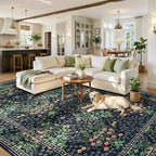 Lessymo Floral Black Green Washable Rugs 8x10, Living Room Area Rug Non Slip Boho Low Plie Large Carpet for Bedroom Dining Room Home Office, Vintage Flower Decor Distressed Retro Indoor