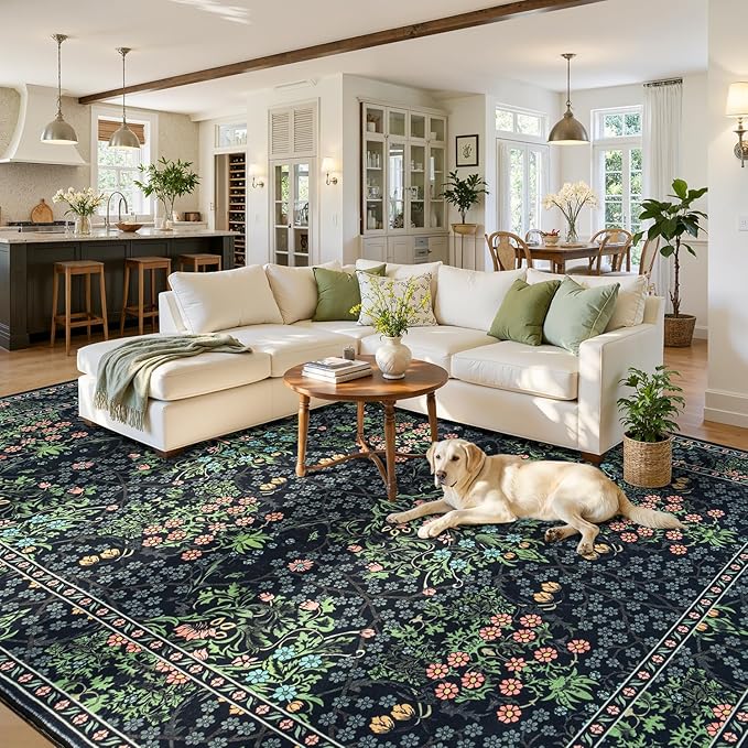 Lessymo Washable Dining Room Rugs, Floral 6x9 Area Rug for Living Room, Bedroom, Playroom, Farmhouse, Non Slip Forest Stain Resistance Large Throw Carpet, Black Green