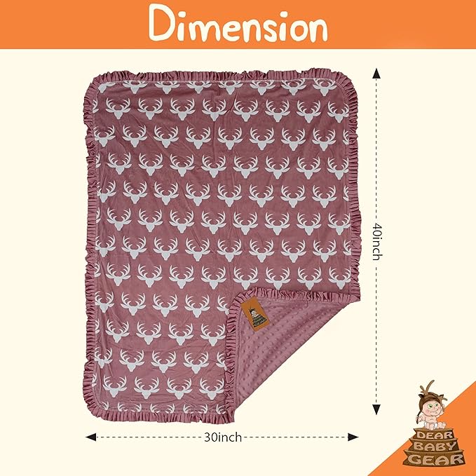 Dear Baby Gear - Reversible Baby Blankets - Soft Nursery Blanket for Newborn - Toddler Blankey - Throw Blanket for Boys & Girls - Infant Blankets - 40x30 (Antler Dusty Rose - Pink Ruffle)