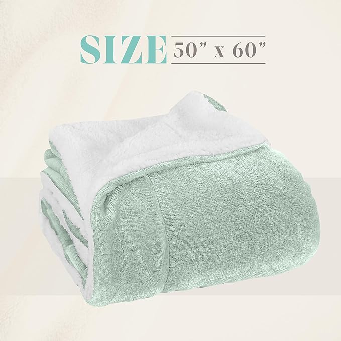 Elegant Comfort Throw Blanket, Reversible Sherpa Flannel, Ultra-Soft, Fuzzy, Cozy and Plush- All Season Lightweight Decorative Throw, 50 x 60 inches, Solid Sherpa Throw, Mint Green
