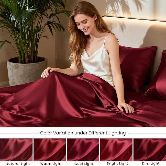Love's cabin Twin Satin Sheets Sets - 3 Piece Burgundy Silky Bed Sheets with Deep Pockets, Luxury Silk Feel Satin Twin Size Sheet Set Bedding Set (1 Flat Sheet,1 Fitted Sheet,1 Pillow case)