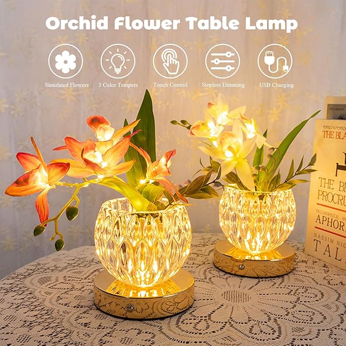 Flower Table Lamp, Orchid Flower with Crystal Vase Lamp, Cordless Touch Desk Light, 3 Colors Dimming & Rechargeable, Small Night Light for Bedroom Home, Romantic Gifts for Girl Women (Purple)