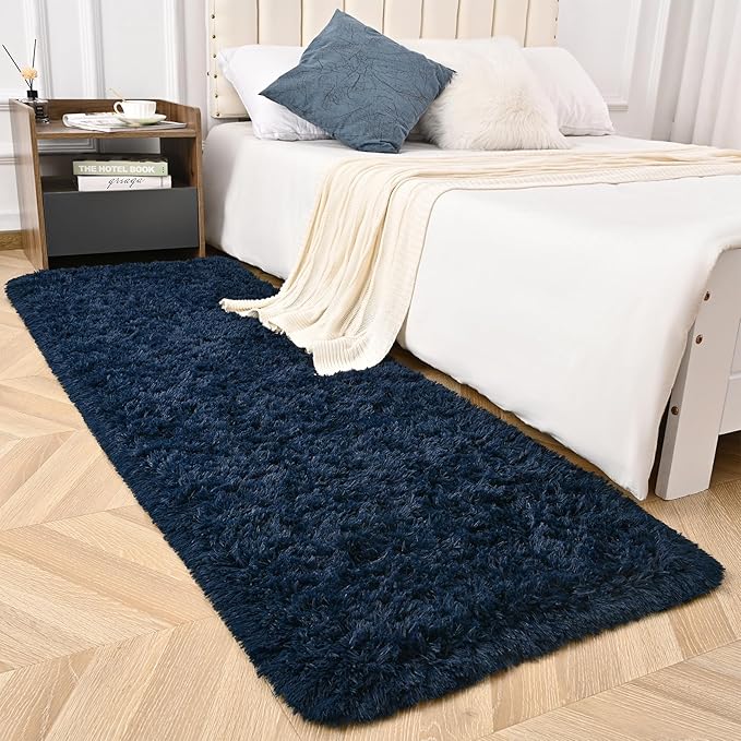 Navy Blue Runner Area Rugs for Bedroom Living Room, 2x6 Feet Fluffy Bedside Rugs, Soft Shaggy Carpet Rug for Kids Room Nursery, Furry Cute Rugs for Girls Boys Dorm Room Home Decor