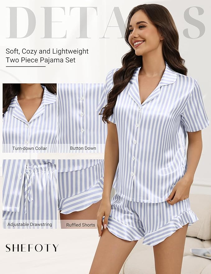 Silk Pajamas for Women Button Down 2 Piece Satin Pjs Shorts Set Ruffle Notch Collar Sleepwear Loungewear