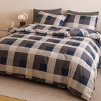 Luxlovery Checkered Navy Comforter Set King Gingham Bedding Set Men's Bedding Grid Bedding Set Fluffy Soft Cottagecore Khaki and Blue Blanket Quilts with 2 Pillowcases King Bed
