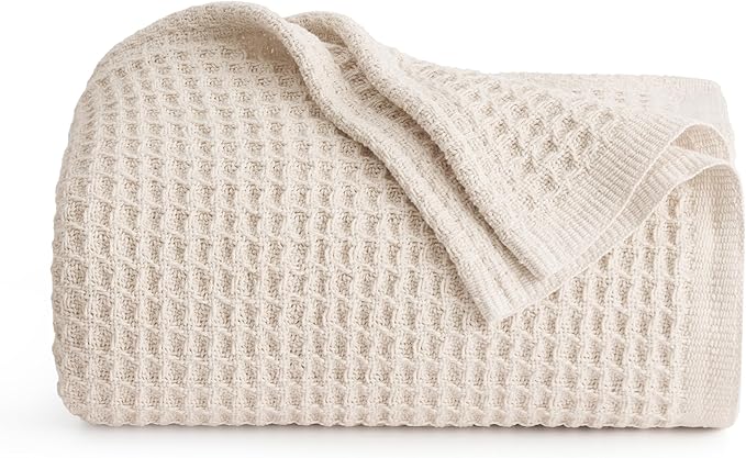 Bedsure Gentlesoft 100% Cotton Throw Blanket for Couch 50x70 inches - Breathable and Soft for Spring Summer, Waffle Weave Throw Blanket for Office, Light Beige