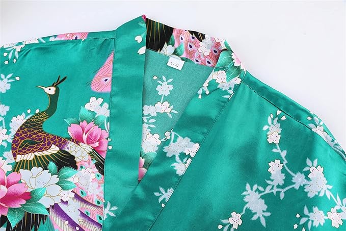 Women's Floral Long Satin Robes Plus Size Long Silk Robes Peacock Floral Kimonos Sleepwear Dressing Gown