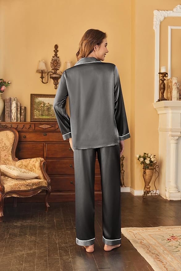 Ekouaer Women's Classic Button Down Long Satin Silk Pajama Set