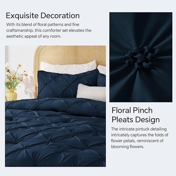 BEDELITE Navy Twin Comforter Set - 2 Peices Boho Pintuck Bedding Comforter Sets, Lightweight Soft & Warm Twin Bedding Sets with 1 Pillowcase for All Season