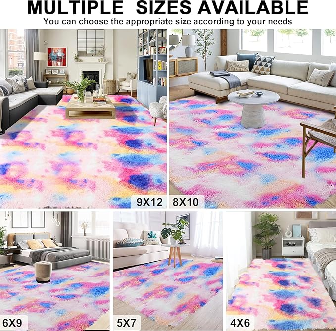 8x10 Feet Rainbow Unicorn Colorful Kids Rugs for Girls Bedroom, Large Fluffy Shag Area Rugs for Playroom, Classroom, Living Room Decor, Cute Fuzzy Kawaii Princess Plush Rug Carpet for Baby Toddler
