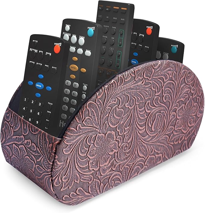 QIELIZI Remote Control Holder, PU Leather Remote Caddy Desktop Organizer with 5 Spacious Compartments for TV Remotes/Media Controllers/Office Supplies (1-Carved Copper Red