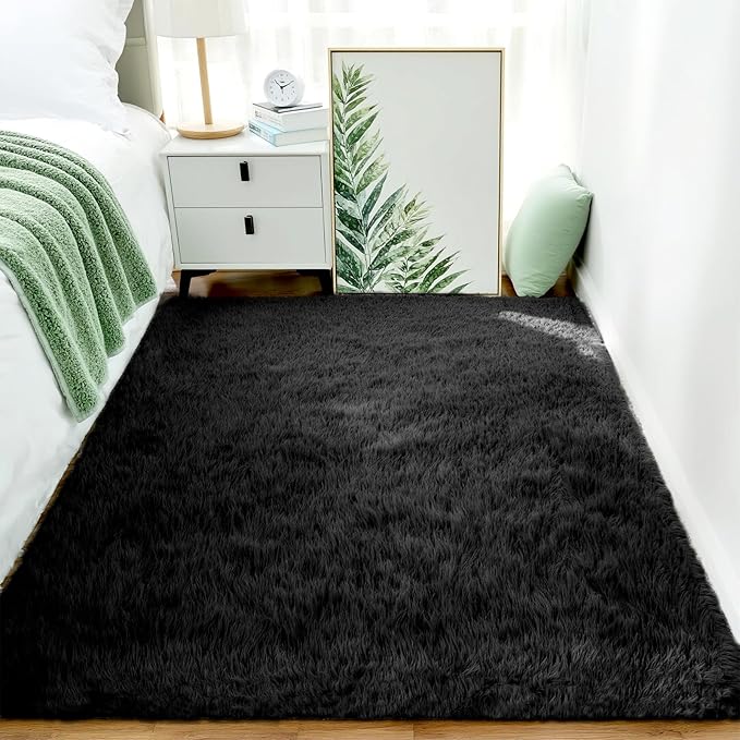 Shag Black Rug, 4x6 Area Rug for Dorm Bedroom Living Room, Non-Slip Ultra Fluffy Soft Area Rugs for Kids Room, Girls Room, Study, Office, Playroom, Easy to Clean, Modern Carpet Décor