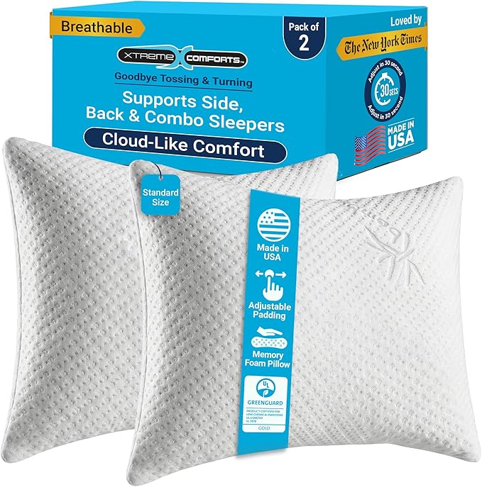 GREENGUARD Certified Standard Bed Pillows for Sleeping (2 Pack) | Adjustable Shredded Memory Foam Pillows with Removable Cooling Cover | Fluffy Pillows Support for Side, Back & Stomach Sleeper