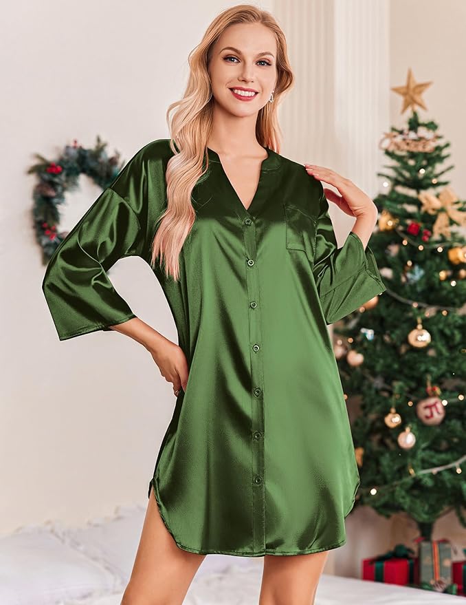 Ekouaer Satin Nightgowns for Women Silk Sleepwear Button Down Sleepshirt 3/4 Sleeve V-Neck Nightshirts with Pockets