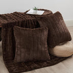 Striped Throw Blanket and Pillow Covers Set (No Inserts) for Couch and Bed, Plush Warm Lightweight Fuzzy Faux Fur Blanket for All Seasons (50" x 60", Coffee Brown)