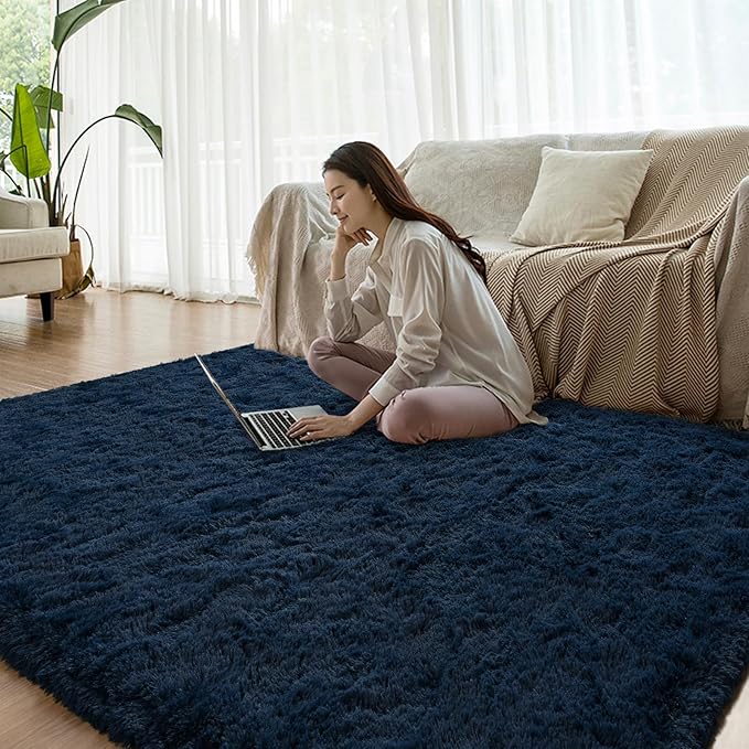 Navy Blue Runner Area Rugs for Bedroom Living Room, 2x6 Feet Fluffy Bedside Rugs, Soft Shaggy Carpet Rug for Kids Room Nursery, Furry Cute Rugs for Girls Boys Dorm Room Home Decor