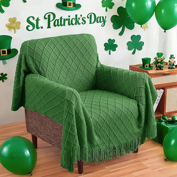 inhand Green Knitted Throw Blanket for Couch and Bed, St. Patrick’s Day Lucky Spring Gifts Throw for Her or Him, Soft Farmhouse Woven Blanket with Tassel, Lightweight Decorative, 60"x80"