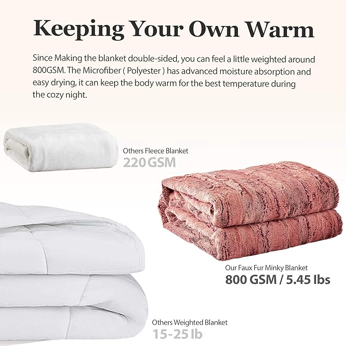 MHD l [Made in Korea] Premium Faux Fur Throw Blanket :Luxury Double-Sided 15mm Microfiber Blanket, 800 GSM :Dusty Rose, 60" x 79"
