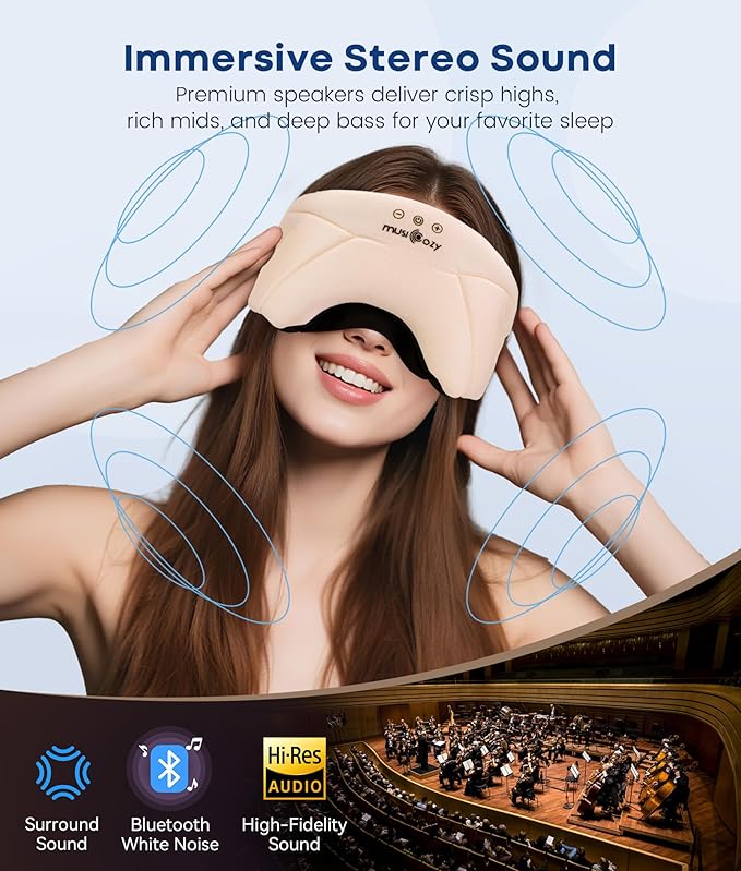 MUSICOZY Bluetooth Sleep Mask Headphones 5.4, Wireless Over-Ear Headphones Washable Zipper Sleep Headphones Mask with HD Stereo Speakers for Side Sleepers Travel & Relaxation, Gifts for Men Women