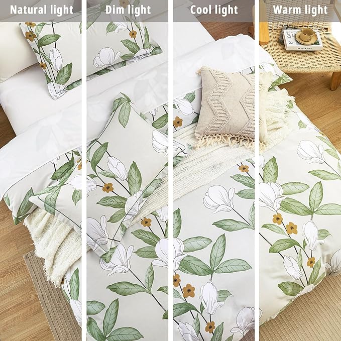 ALEISSEL Pale Moss Green Botanical Cotton Comforter King Size - 3PC Lightweight Bedding Sets with Ultra-Soft Alternative Fill, Floral Design with Leaf & White Magnolias (1 Comforter, 2 Pillowshams)