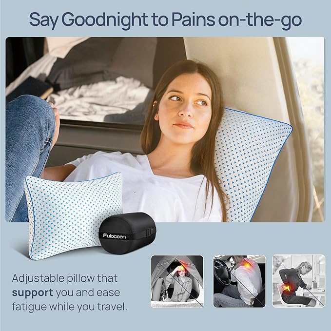 Cooling Shredded Memory Foam Travel & Camping Pillow Large, Adjustable College Dorm Pillow for Home-Like Comfort,Compressible Portable & Medium Firm Neck Support, Ideal Sleeping, Car, Airplane