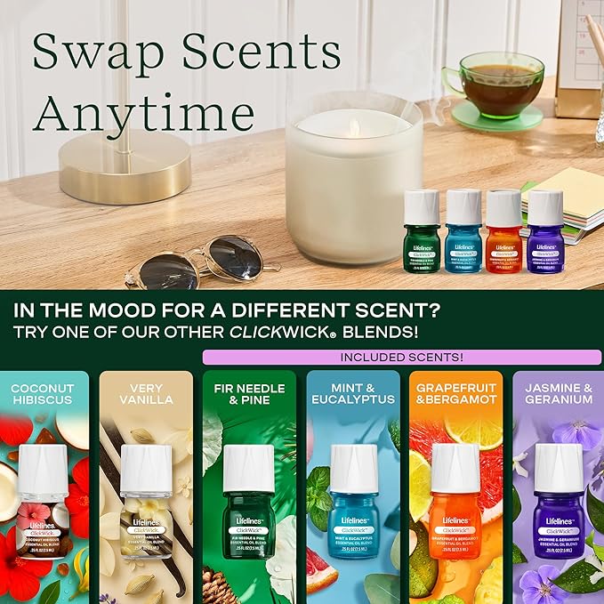 Lifelines Flameless Candle Aromatherapy Essential Oil Diffuser with 4 ClickWick Essential Oil Blends - Cordless & Waterless Diffuser for Home - Scented Electric Candles Blow Out Flame - Frosted Cream