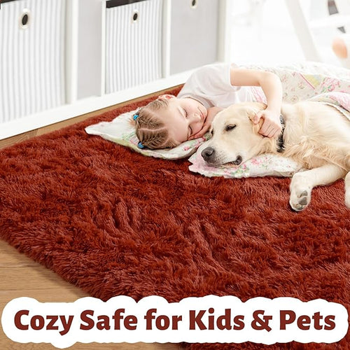 Amdrebio Terracotta Rust Large Area Rug 8x10 for Living Room Bedroom, Fluffy Fuzzy Shaggy Furry Rugs for Kids Room Decor Aesthetic, Big Cute Plush Shag Rustic Carpet for Classroom Playroom Nursery