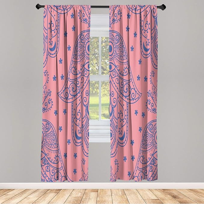 Lunarable Hamsa Window Curtains, Egyptian Boho Hand Shape Pattern Eye Design Bridal Night Inspired Art, Lightweight Decorative 2-Panel Set & Rod Pocket, Pair of - 28" x 95", Coral Blue