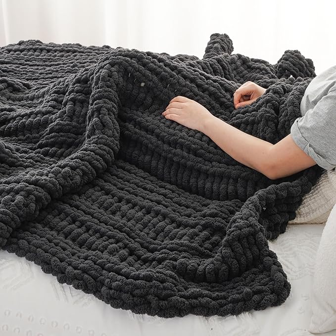 Battilo Chunky Knit Throw Blanket for Couch, Dark Grey Chenille Throw Blanket Thick Warm Cozy Soft Cable Knitted Blanket for Sofa,Bed, Living Room, 50"x60"
