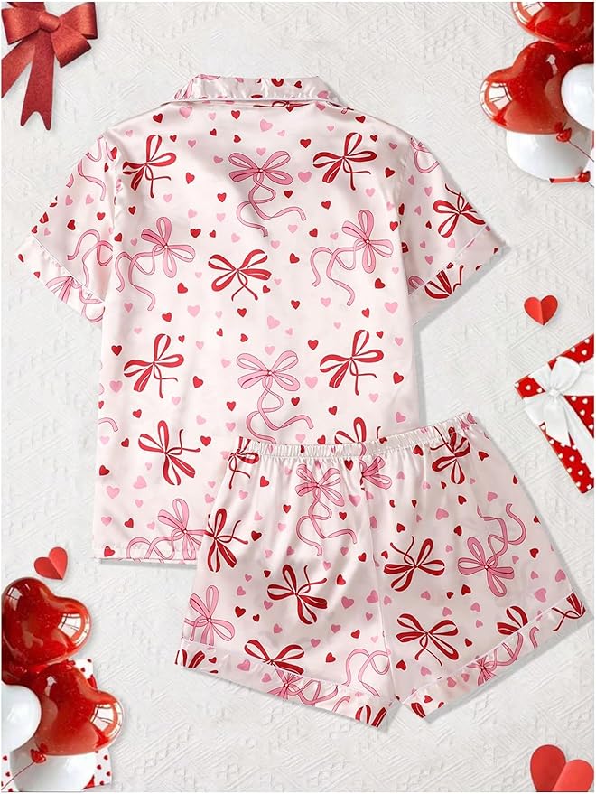 WDIRARA Women's Satin Silk Shorts Pajama Set Bow Print Button Down Short Sleeve 2 Piece Sleepwear