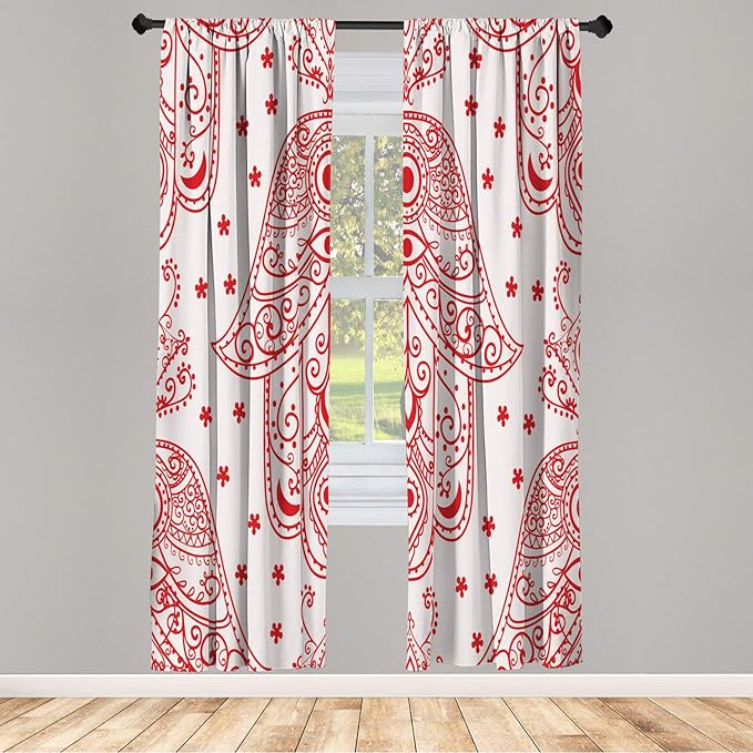 Lunarable Hamsa Window Curtains, Egyptian Boho Hand Shape Pattern Eye Design Bridal Night Inspired Art, Lightweight Decorative 2-Panel Set & Rod Pocket, Pair of - 28" x 95", Dark Coral