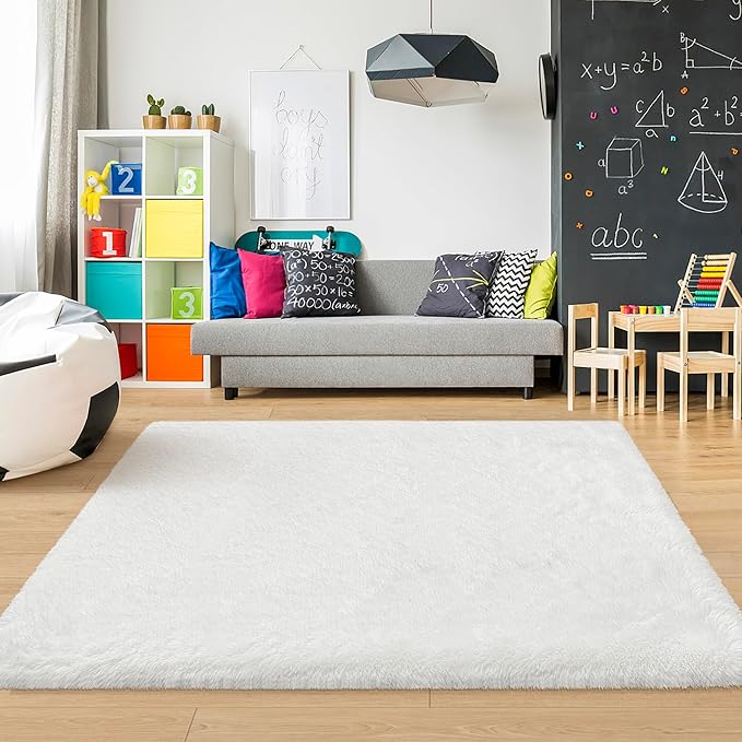 White Fluffy Area Rugs for Bedroom Living Room 4x6 Large Shaggy Soft Fur Throw Rug Non Slip Modern Indoor Furry Floor Carpet Washable Plush Fuzzy Kids Rug for Nursery, Baby, Teen Dorm Room