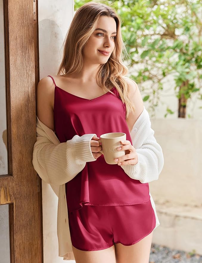 Ekouaer Silk Pajamas Set for Women Satin Camisole Sleepwear Lingerie V-Neck Cami Top and Shorts Pjs