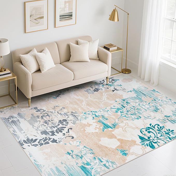 CRYPTOLITE Abstract Area Rug Washable Rug with Non-Slip Backing Low Pile Area Rugs for Living Room, Bedroom, Dining Room,4x6, Blue