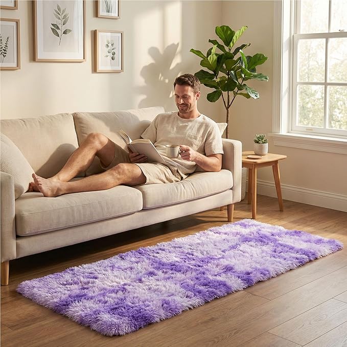 duduta Purple Plush Runner Rugs for Bedroom 2x6 ft, Tie Dye Fluffy Shag Rug for Dorm Nursery Bedside, Machine Washable Non Slip