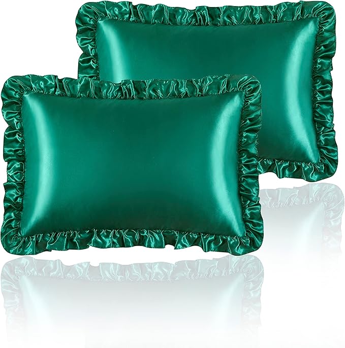 Silky Satin Ruffled Pillow Cases for Hair and Skin,Blackish Green Silk Pillowcases Standard Set of 2 with Envelope Closure Princess Room Decoration