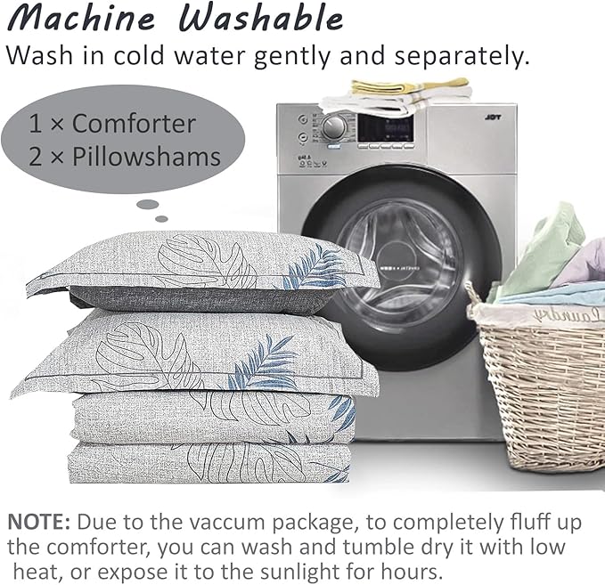 ALEISSEL Natural Cotton 3pcs Botanical Comforter Sets King Size-Dark Gray Comforter with Luxurious Blue & Gray Leaves on White, Reversible Lightweight Floral Bedding Sets(King 104"×90")